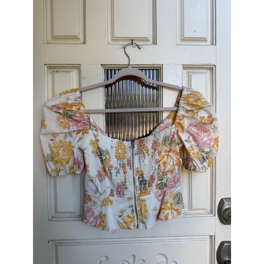 WAYF Garden Roses Floral Puff Sleeve Tie‎ Front Crop Top Yellow Pink Small NEW - Picture 7 of 8